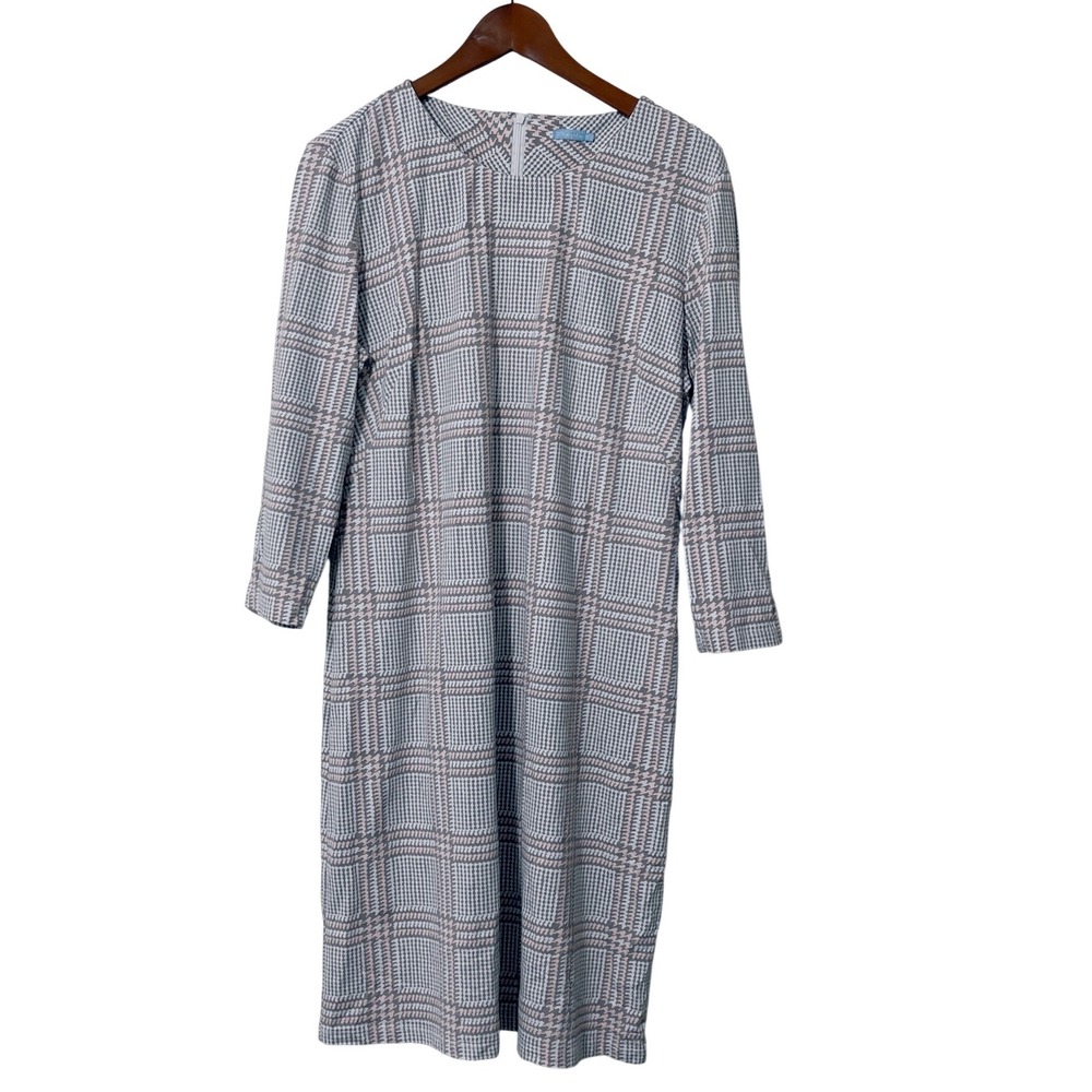 J.McLaughlin Women XL Dress Plaid Houndstooth Pink Blue White 3/4 Sleeve Shift